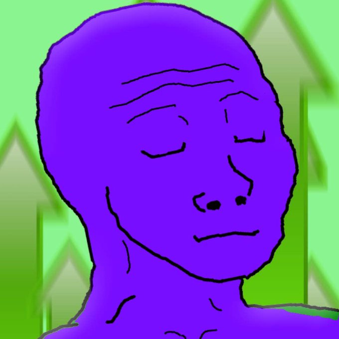 The image features a purple-headed cartoon character with closed eyes, giving off an expression of sadness or contemplation. The background consists of green trees, which adds a natural element to the scene. The caption "your move, @krakenfx" suggests that this is a part of a game or challenge involving the character's head.