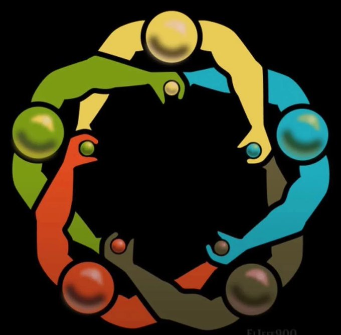 A circular emblem featuring six stylized figures in yellow, green, blue, brown, and red, each holding a small sphere, arranged around interconnected beads in a ring formation. The watermark "Edger900" appears in the bottom right corner. The image's interconnected, multi-colored figures appear to symbolize the collaborative, decentralized ecosystem behind Solana's tokenized stock trading volume.