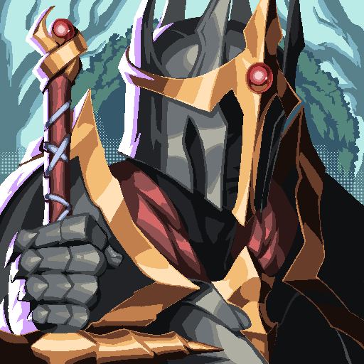 Digital artwork of an armored knight in dark and gold armor holding a staff with a red gem.