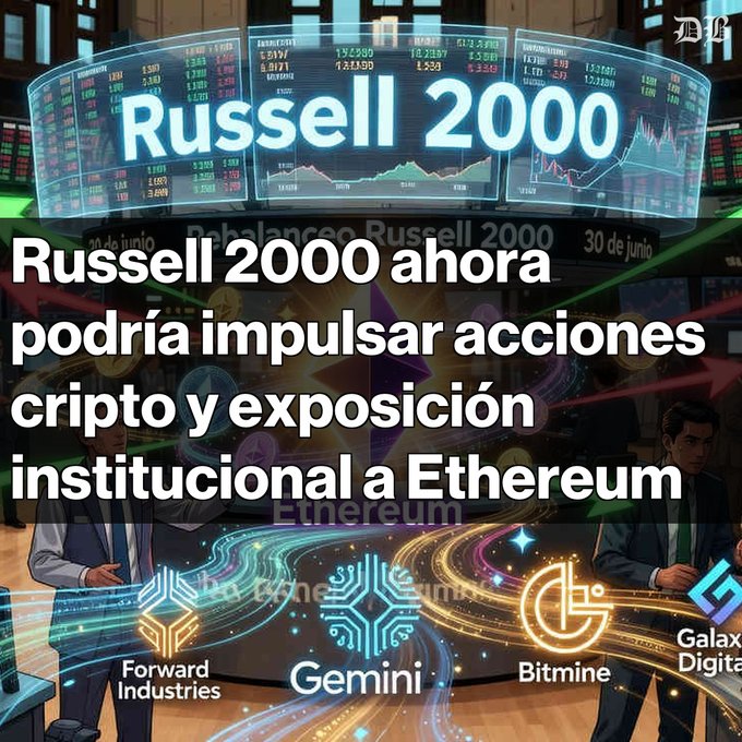 The image features a poster for Russell 2000 with various logos and text related to cryptocurrency and digital assets. The poster includes logos such as "Gemini", "bitmine", and "Galaxy Digital" along with phrases like "Atención inversores El Russell 20000 podría incluir acciones de empresas cripto en su próxima Revisión". This suggests that the poster is promoting a cryptocurrency exchange or digital asset trading platform, possibly offering investment opportunities for users to invest in various cryptocurrencies and digital assets.

The image also includes two men standing next to each other with their hands on their hips, which could be interpreted as a statement about the current state of the market or an indication that they are taking a stance on the subject matter. The presence of these elements creates a sense of depth and context for the poster's message, making it more engaging and informative for viewers who may be interested in cryptocurrency and digital assets.
