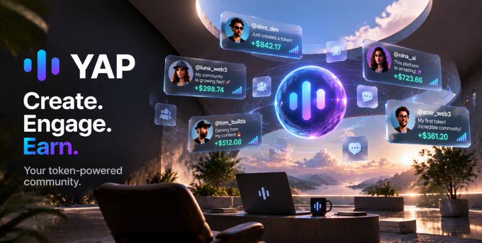 A promotional image for an app called 'YAP' featuring the tagline 'Create. Engage. Earn.' and 'Your token-powered community.' Floating holographic bubbles display user profiles with earnings such as '+$842.17' and '+$298.74'.