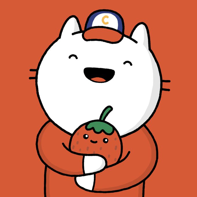 A cute cartoon illustration of a white cat wearing a blue and orange cap with a 'C' logo, smiling and holding a smiling strawberry character against an orange background.