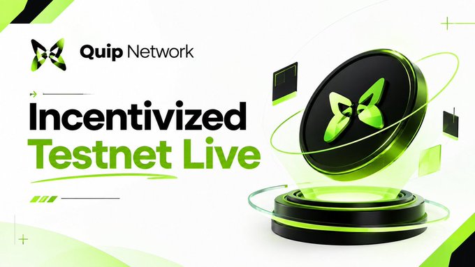 A banner for 'Quip Network' announcing that the 'Incentivized Testnet' is live, featuring a 3D green and black coin with the Quip logo.