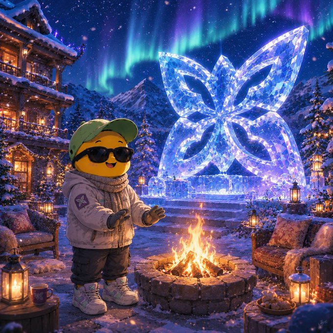 A whimsical, stylized digital illustration of a cute yellow smiley-face character wearing a winter coat, cap, and sunglasses, standing in a snowy landscape with a fire pit, under the aurora borealis and a large, glowing blue flower-shaped ice sculpture.