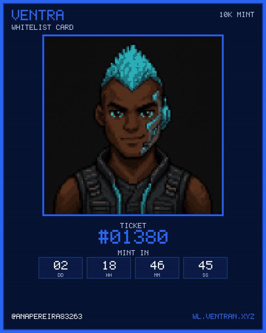 A pixel art Ventra whitelist card features a character with bright blue hair and face markings, ticket number #01380, with a mint-in countdown of 2 days, 18 hours, 46 minutes.
