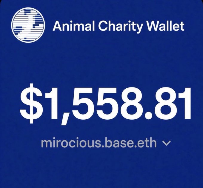 The image displays an 'Animal Charity Wallet' showing a balance of '$1,558.81' associated with the domain 'mirocious.base.eth' on a blue background.