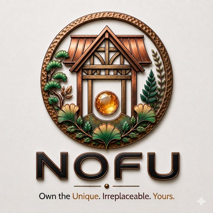 A logo for 'NOFU' featuring an ornate copper-colored oval emblem with a wooden house structure, green foliage, and an amber gemstone, with the tagline 'Own the Unique. Irreplaceable. Yours.'