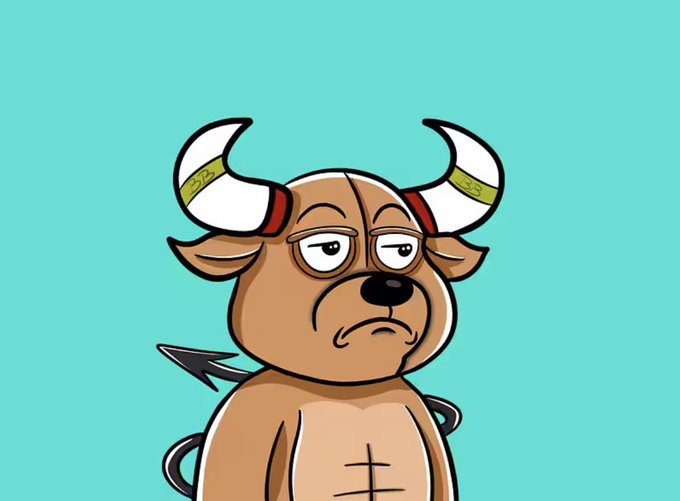 A cartoonish brown bull character with white horns, an arrow piercing its side, and a grumpy expression on a teal background, representing the "Bullbear" being given away in the contest.