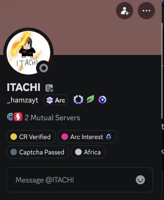 A Discord user profile for "ITACHI" (_hamzayt) is displayed, featuring badges for "2 Mutual Servers," "CR Verified," "Arc Interest," and "Captcha Passed." The profile supports the post's claim about bridging out ARC, as the user displays an "Arc Interest" badge, indicating their engagement with the Arc network.