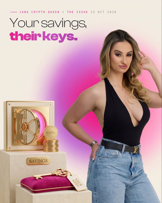 A magazine-style advertisement shows a woman in a black top beside a gold safe, coins, and a velvet pouch, with the text “Your savings, their keys.” and “SAVINGS.”