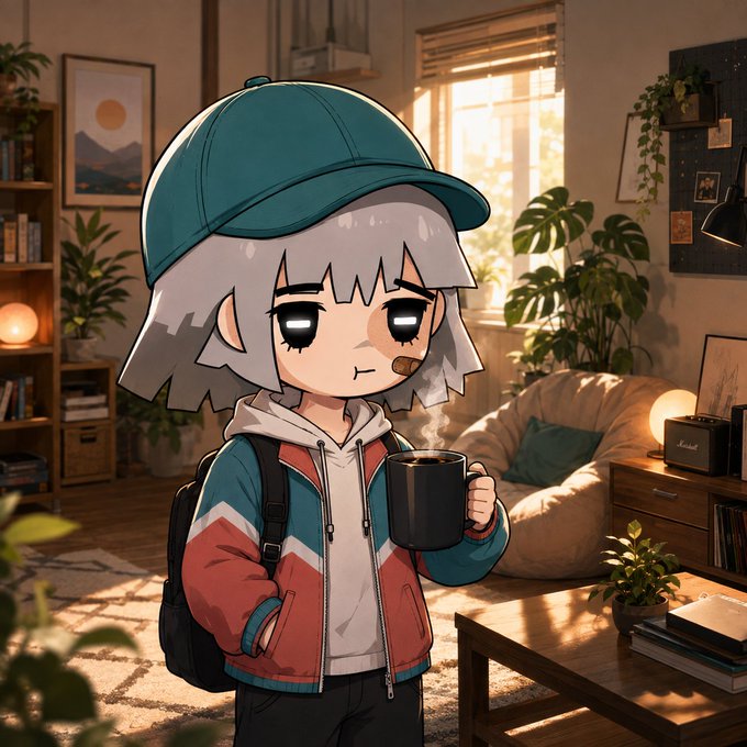 A grey-haired anime-style chibi character wearing a teal cap and red-and-blue jacket holds a steaming black mug in a cozy, sunlit living room filled with houseplants and warm decor, giving a relaxed "good morning" vibe that fits the GM (Good Morning) request.