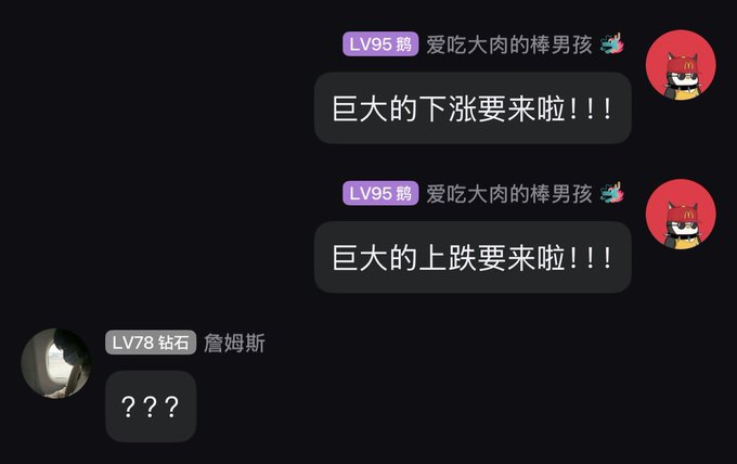 A Chinese-language chat screenshot showing a user with fox avatar posting two messages about a huge drop ("巨大的下涨要來啦") and a huge rise ("巨大的上跌要來啦"), while another user "詹姆斯" responds with "???".