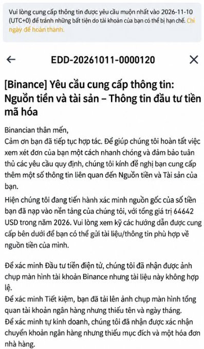 A screenshot of a Vietnamese-language email purporting to be from Binance (EDD-20261011-0000120) requesting source-of-funds information, specifically referencing a transaction value of 64642 USD in 2026, with a suspicious banner at the top.