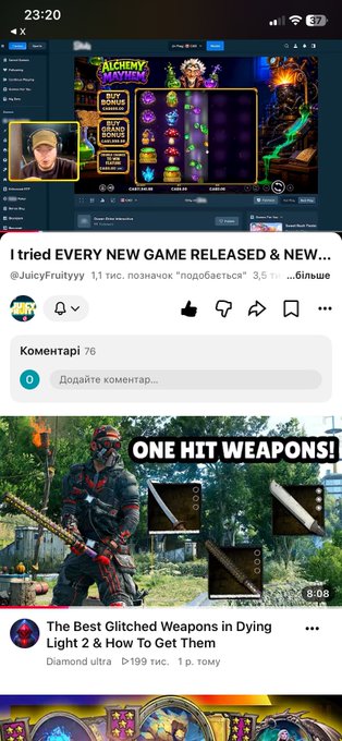 A screenshot of an X (Twitter) feed showing posts from @JuicyFruityyy about new game releases, including 'Alchemy Stars' and 'The Best Glitched Weapons in Dying Light 2.'