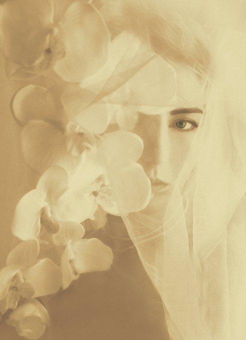A sepia-toned, dreamy portrait of a woman partially veiled, with white orchid flowers framing her face.