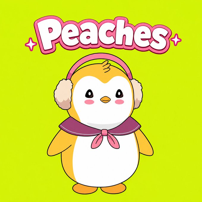 A cute cartoon penguin wearing pink earmuffs and a sailor collar with a pink bow, under the stylized pink and white text 'Peaches' on a lime green background.