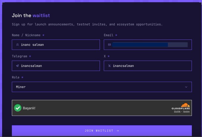 The image shows a computer screen with a form asking users to join a waiting list, specifically for a mining event. The form has purple text that reads "Join the waitlist" and asks for information such as name, role, and email address. The background of the image is dark blue, which contrasts with the white text on the form.