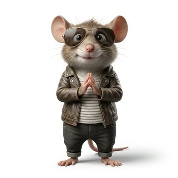 A 3D-rendered cartoon mouse wearing sunglasses, a leather jacket over a striped shirt, and jeans, standing with hands clasped together.