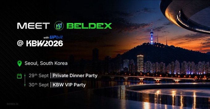 A promotional banner for 'MEET BELDEX with UPhit @ KBW2026' featuring the Seoul skyline at dusk, with event details for September 29th and 30th in Seoul, South Korea.