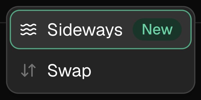Dark mode toggle menu showing “Sideways” selected with a mint-green “New” badge, above “Swap.”