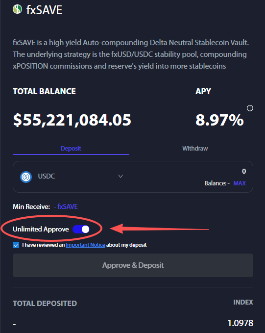 Screenshot of the fxSAVE deposit page showing a $55,221,084.05 vault with 8.97% APY, where the "Unlimited Approve" toggle is already enabled by default above the "Approve & Deposit" button, illustrating the user's concern about bundled approval and deposit permissions.