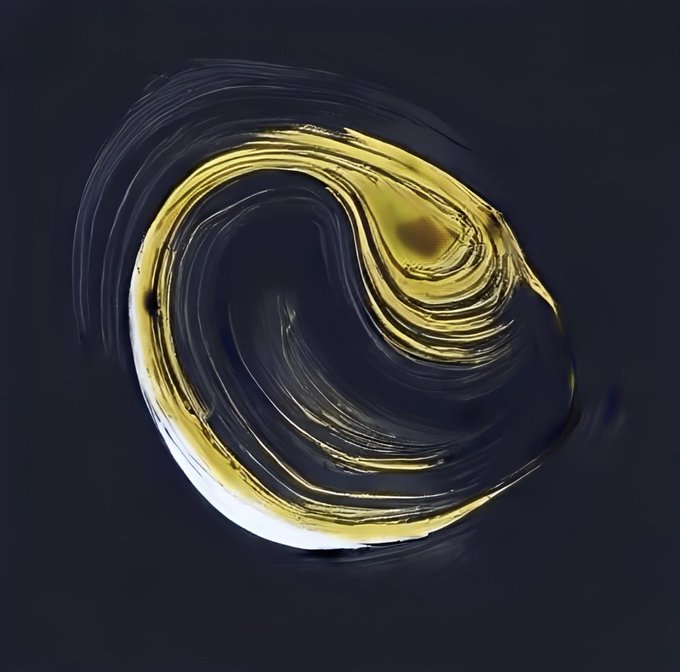 A swirling abstract composition of flowing golden and white brushstrokes against a deep black background, creating a luminous, vortex-like form. The dynamic curves and radiant gold tones evoke the uplifting sentiment of "all will be fine," mirroring the energy of the title "Inexplicable Enthusiasm."
