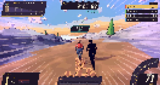 A pixel art retro video game scene showing two characters, one in a red shirt, running down a dirt road in a desert landscape.