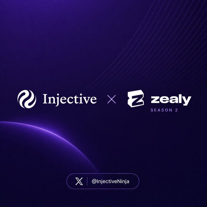 A purple promotional graphic announcing a partnership between Injective and Zealy Season 2, with the Twitter handle @InjectiveNinja at the bottom.