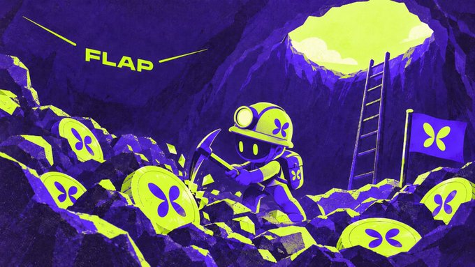 A vibrant digital illustration showing a robot miner wearing a helmet with a headlamp, surrounded by glowing yellow rocks bearing a butterfly logo and the text 'FLAP'.