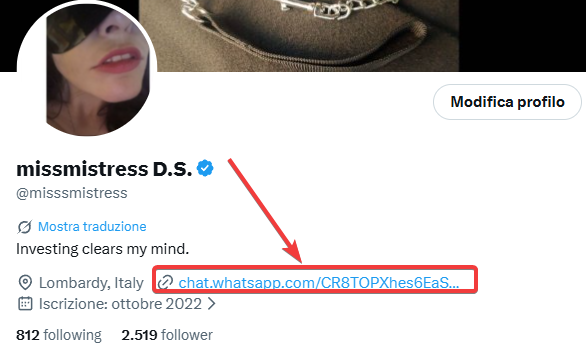 A Twitter/X profile page for 'misssmistress D.S.' (@misssmistress) based in Lombardy, Italy, with bio 'Investing clears my mind.' A red arrow points to a suspicious WhatsApp link (chat.whatsapp.com/CR8TOPXhes6EaS...).