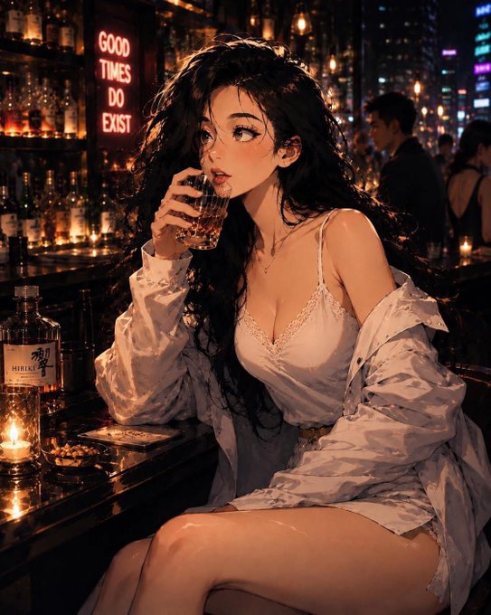 A woman with long hair sitting at a bar, drinking from a glass of beer while wearing a white dress. The image also features several bottles behind her, suggesting that she might be enjoying some drinks or cocktails.