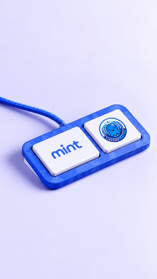A blue and white keychain or device labeled 'mint' featuring a 'LINKERS' logo with a character mascot.