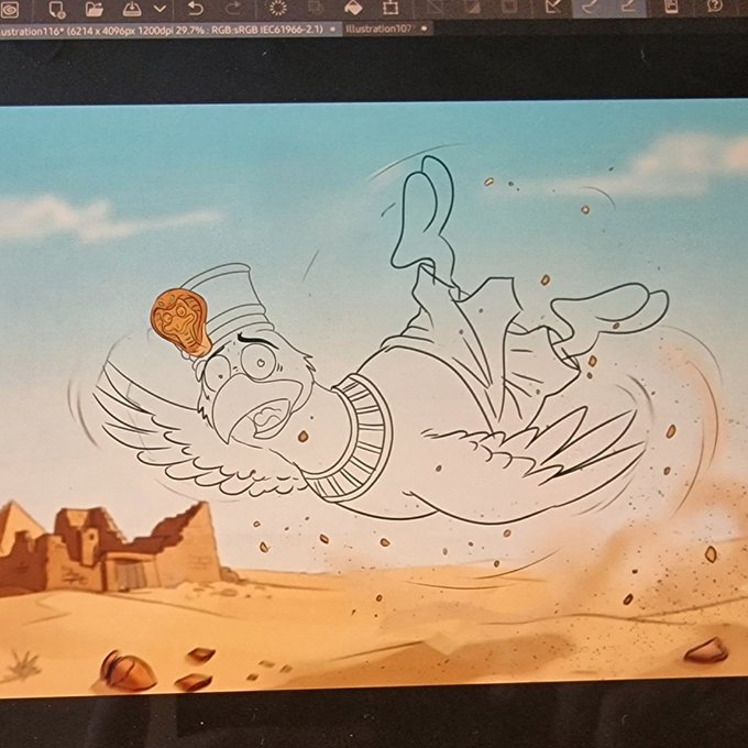 A digital illustration on a computer screen showing a cartoon pigeon wearing a spiked Roman-style helmet flying through a desert landscape, with the Photoshop file name 'Illustration107' visible in the top bar.