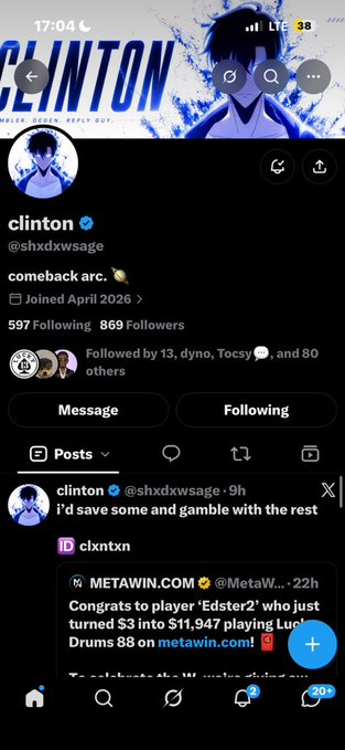 Twitter/X profile page for "clinton" (@shxdxwsage), joined April 2026, showing a pinned tweet about gambling and a quoted tweet from METAWIN.COM congratulating player 'Edsster2' on winning $11,947.