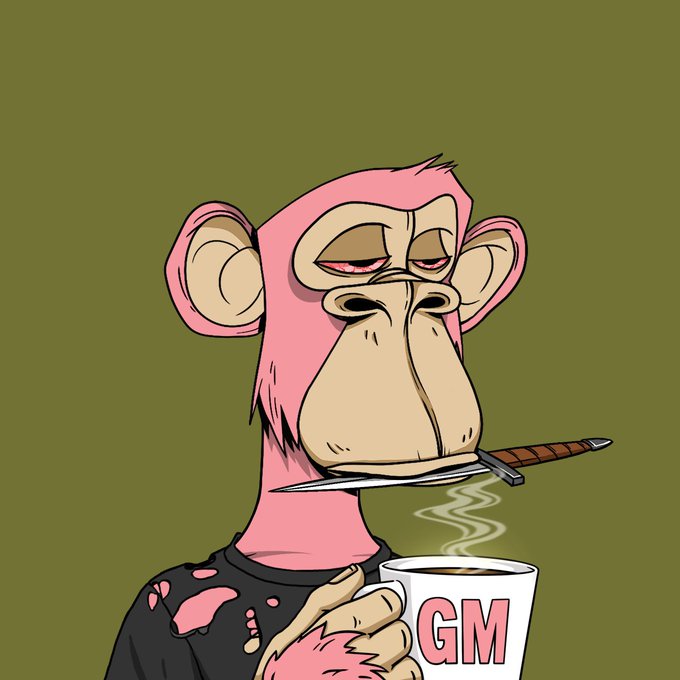 The image features a cartoon monkey holding a cup of coffee with its mouth open wide while smoking a cigarette. The background appears to be green, which contrasts with the pink color of the monkey's face. The caption below the image reads "Gm if you'r in the club and I'm not following you, let' s make it right @BoredApeYC".