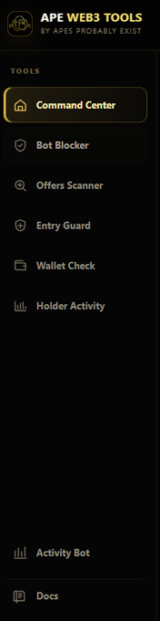 A mobile app menu titled 'APE WEB3 TOOLS' lists options including 'Command Center', 'Bot Blocker', 'Offers Scanner', 'Entry Guard', 'Wallet Check', 'Holder Activity', 'Activity Bot', and 'Docs' against a black background.