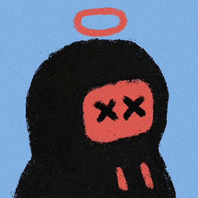 A stylized illustration of a black hooded figure with a red face displaying X's for eyes, topped with a red halo against a blue background.