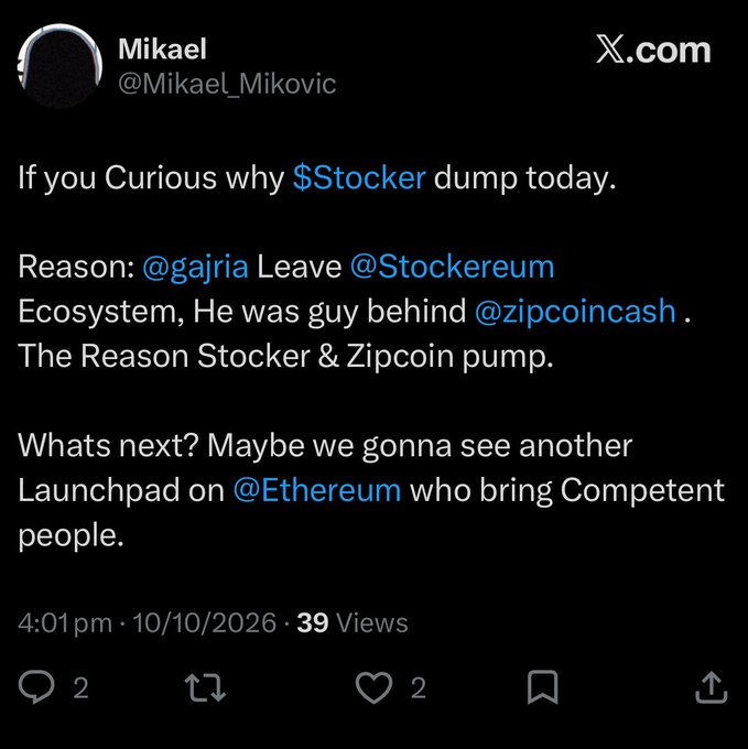 A screenshot of an X (Twitter) post by Mikael (@Mikael_Mikovic) discussing why $Stocker dropped, mentioning @gajria leaving the @Stockereum ecosystem and referencing @zipcoincash, dated 10/10/2026.