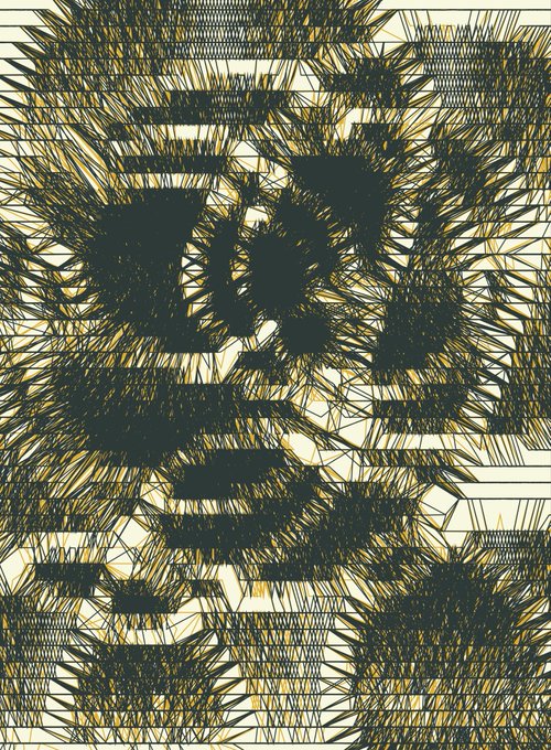 An abstract, highly textured artwork composed of dense, intersecting black and yellow lines forming dark, blocky shapes and patterns.