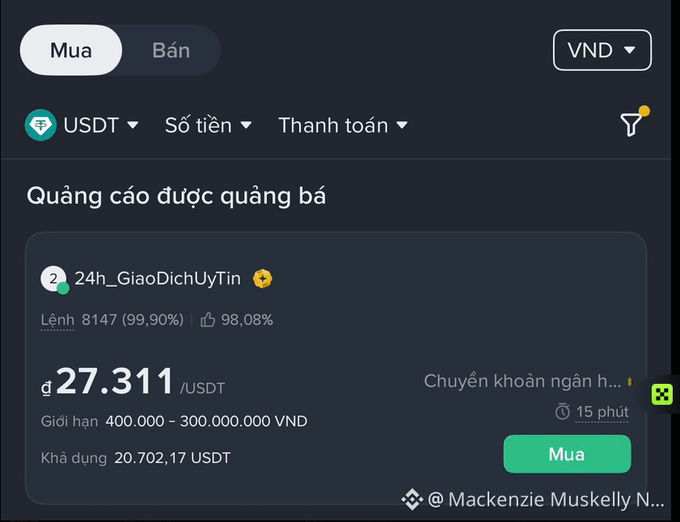 A Vietnamese crypto exchange interface (in VND) showing a P2P USDT buy offer from user '24h_GiaoDichUyTin' at 27,311 ₫/USDT with bank transfer payment, limits 400,000–300,000,000 VND.