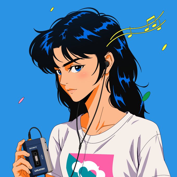 A retro anime-style illustration depicts a young woman with dark hair, blue eyes, and earbuds, holding a Sony Walkman with musical notes floating around her.