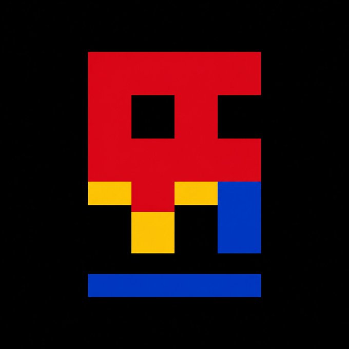A pixelated art piece on a black background featuring a red shape resembling the letter 'C' with a black square, accented by yellow and blue rectangular blocks.
