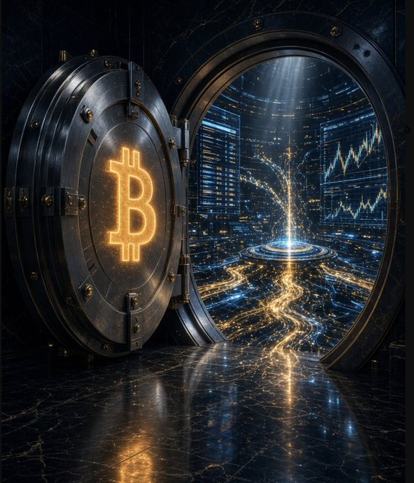 A digital artwork depicting a large metallic vault door opened to reveal a glowing Bitcoin symbol and a futuristic digital landscape with trading charts and golden light streams.