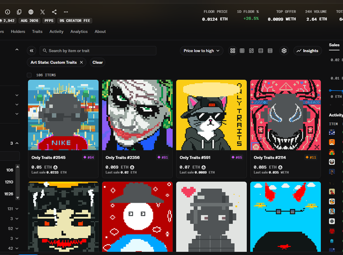 An NFT marketplace interface displaying pixel art NFT collections under 'Custom Traits' filter, including items labeled 'Only Traits' with prices in ETH.