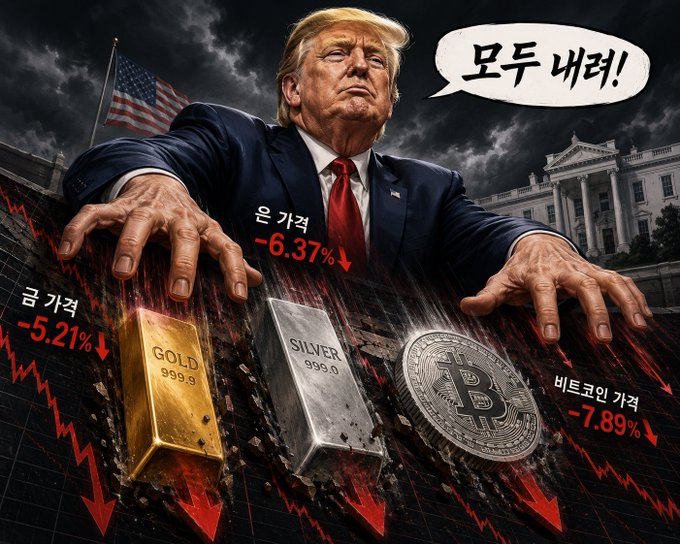 The image features a man dressed as President Donald Trump wearing a suit and tie, surrounded by three different types of currency symbols - gold, silver, and Bitcoin. The text "I'LL tell you why all assets are crashing I see it as Petro Dollar 2.0 Let me explain it super fucking simply Won't use dollars, gonna use gold instead->Die! Won't use dollars, gonna use Bitcoin instead->Die! Pretty simple, right?".