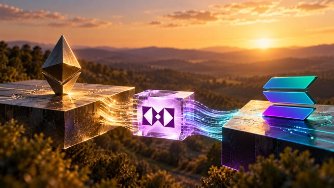 A digital artwork shows Ethereum logos (a diamond shape and a purple cube) on stone platforms connected by flowing streams of light against a sunset landscape.