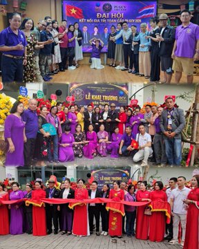 A collage of three group photos showing members of what appears to be the GCV Vietnamese community posing with banners reading "ĐẠI HỘI KỶ NIỆM 2 NĂM GCV PIONEER VIET NAM" (2nd Anniversary Congress of GCV Pioneer Vietnam) and "LỄ KHAI TRƯƠNG," with Thai embassy representatives attending the opening of the headquarters in Vietnam. The images depict formal gatherings in both purple-themed and red áo dài attire, with participants holding celebratory flowers and ribbons, reflecting the Thai-Vietnamese cooperation highlighted in the post—likely connected to Pi Network/blockchain community activities.
