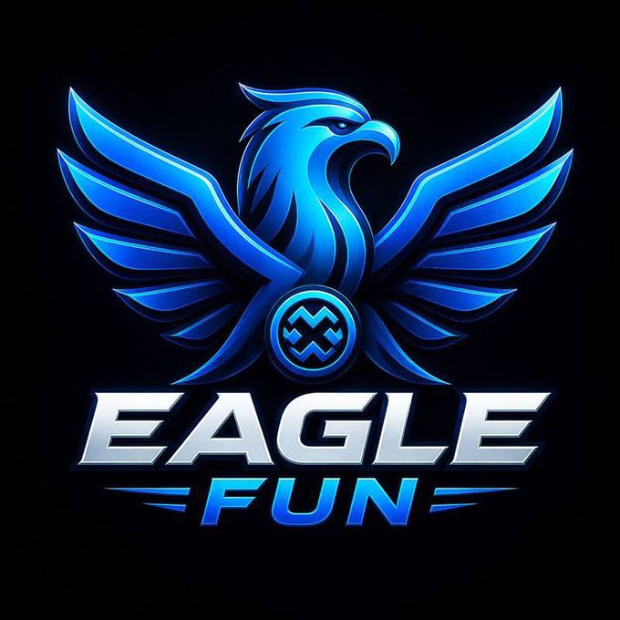 The image features a logo for an online gaming company called Eagle Fun. The logo consists of a blue eagle with wings spread wide, positioned above a circle containing a "X" inside. Below the eagle, there's text that reads "Eagle Fun". The background of the logo is black, and it appears to be a banner or banner ad promoting the gaming company on BNB Chain DappBay.