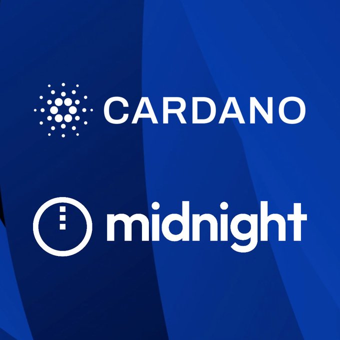 The image features a blue background with white text that reads "CARDANO x MIDNIGHT". This suggests that there might be an advertisement or promotional material related to Cardano, which is a cryptocurrency, and Midnight, which could be a time of day or event. The combination of these two elements creates a visually appealing contrast against the blue background, drawing attention to both the cryptocurrency and the concept of Midnight.