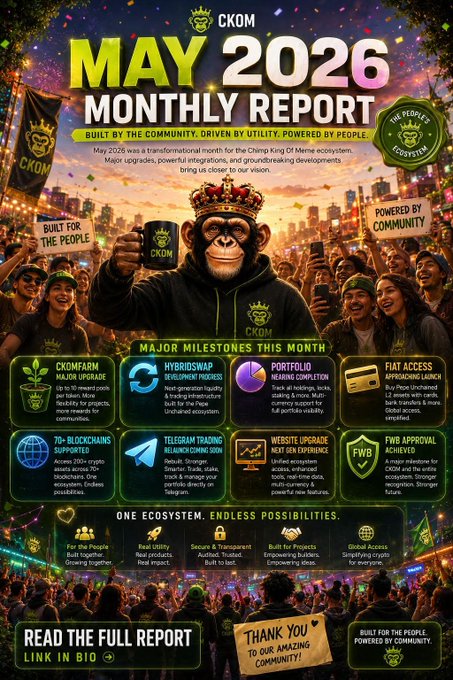 The image features a poster for May 2026's Monthly Report, which is titled "May 2026 Monthly Report" and has a title that reads "Another month. Another major leap forward. From CKOMFarm upgrades to upcoming fiat access, portfolio tracking, HybridSwap, and more, we're building real utility." The poster includes a cartoon image of a monkey holding a cup in front of a crowd of people, with the text "May 2026 Monthly Report" at the top and "Another month. Another major leap forward. From CKOMFarm upgrades to upcoming fiat access, portfolio tracking, HybridSwap, and more, we'r building real utility." The poster also includes various icons related to cryptocurrency, web3, and fiat currency.